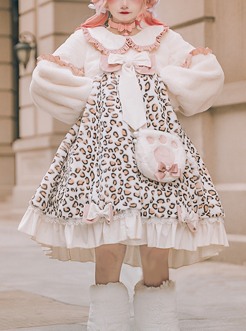 Stars Cat Series OP Ruffle Doll Collar Winter Leopard Plush Warm Sweet Lolita Long Sleeve Dress Set