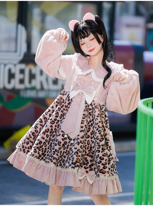 Stars Cat Series OP Ruffle Doll Collar Winter Leopard Plush Warm Sweet Lolita Long Sleeve Dress Set