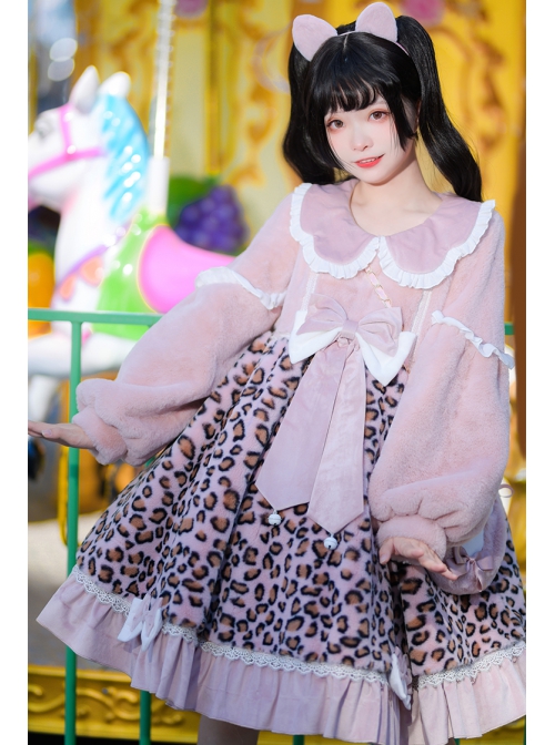Stars Cat Series OP Ruffle Doll Collar Winter Leopard Plush Warm Sweet Lolita Long Sleeve Dress Set