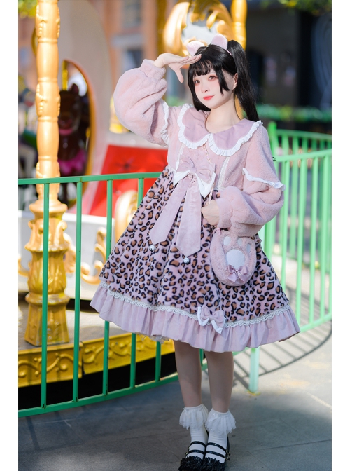 Stars Cat Series OP Ruffle Doll Collar Winter Leopard Plush Warm Sweet Lolita Long Sleeve Dress Set