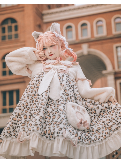 Stars Cat Series OP Ruffle Doll Collar Winter Leopard Plush Warm Sweet Lolita Long Sleeve Dress Set