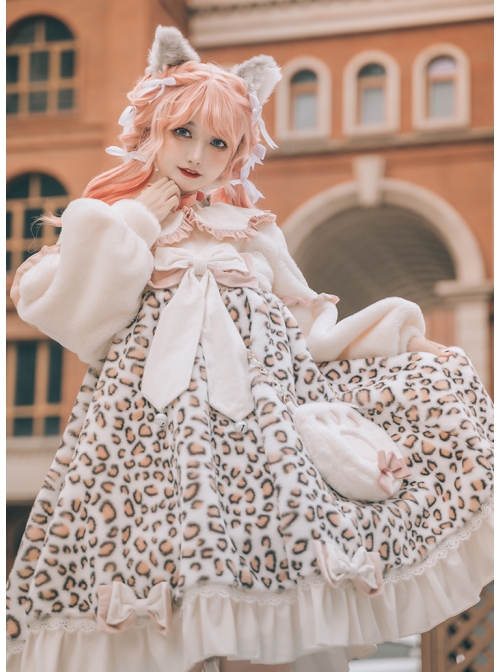 Stars Cat Series OP Ruffle Doll Collar Winter Leopard Plush Warm Sweet Lolita Long Sleeve Dress Set