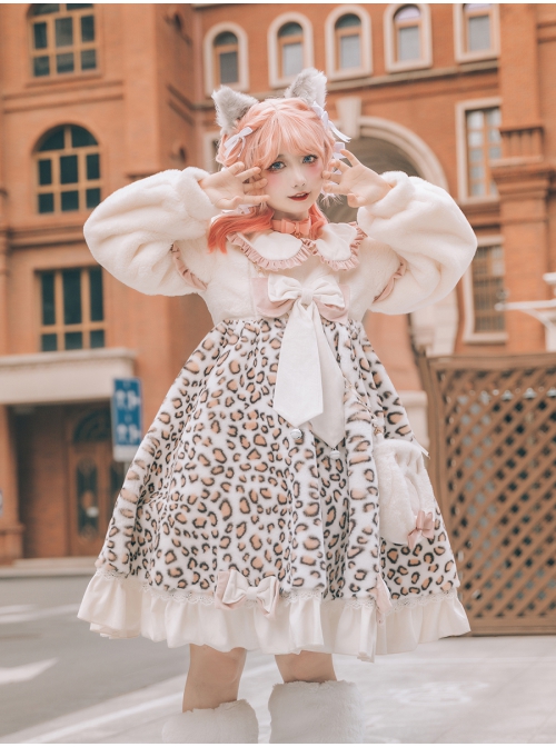 Stars Cat Series OP Ruffle Doll Collar Winter Leopard Plush Warm Sweet Lolita Long Sleeve Dress Set