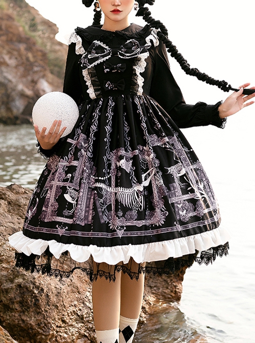 Lost Dreams Series JSK Bowknot Retro Printing Darkness Gothic Lolita Sling Dress