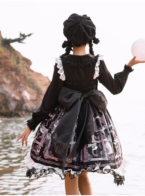 Lost Dreams Series JSK Bowknot Retro Printing Darkness Gothic Lolita Sling Dress