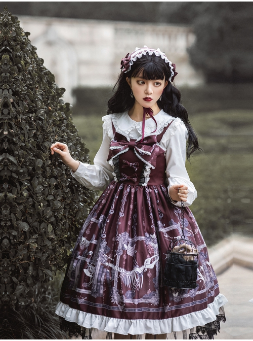 Lost Dreams Series JSK Bowknot Retro Printing Darkness Gothic Lolita Sling Dress