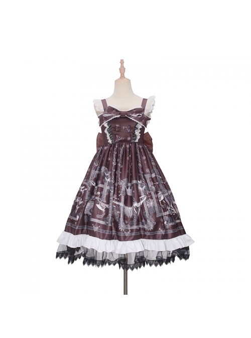 Lost Dreams Series JSK Bowknot Retro Printing Darkness Gothic Lolita Sling Dress