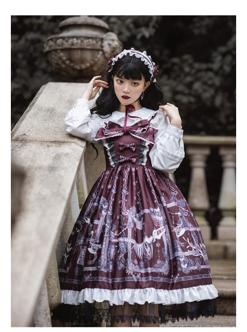 Lost Dreams Series JSK Bowknot Retro Printing Darkness Gothic Lolita Sling Dress