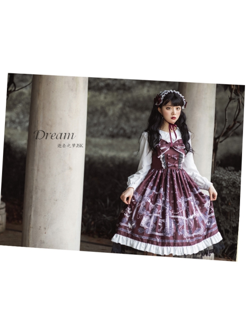 Lost Dreams Series JSK Bowknot Retro Printing Darkness Gothic Lolita Sling Dress