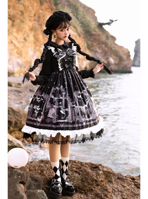 Lost Dreams Series JSK Bowknot Retro Printing Darkness Gothic Lolita Sling Dress