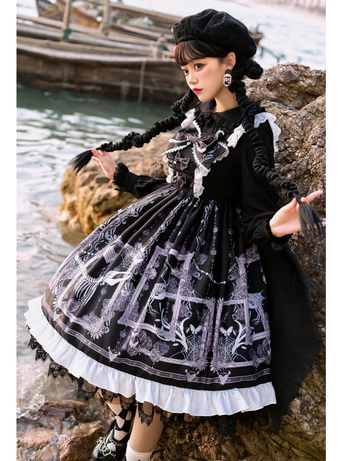 Lost Dreams Series JSK Bowknot Retro Printing Darkness Gothic Lolita Sling Dress