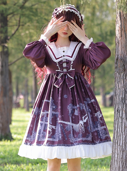 Lost Dreams Series OP Printing Retro Navy Collar Gothic Lolita Long Sleeve Dress