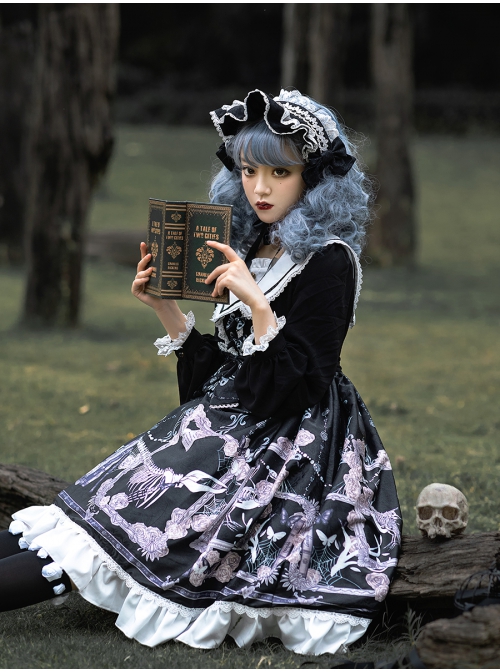 Lost Dreams Series OP Printing Retro Navy Collar Gothic Lolita Long Sleeve Dress