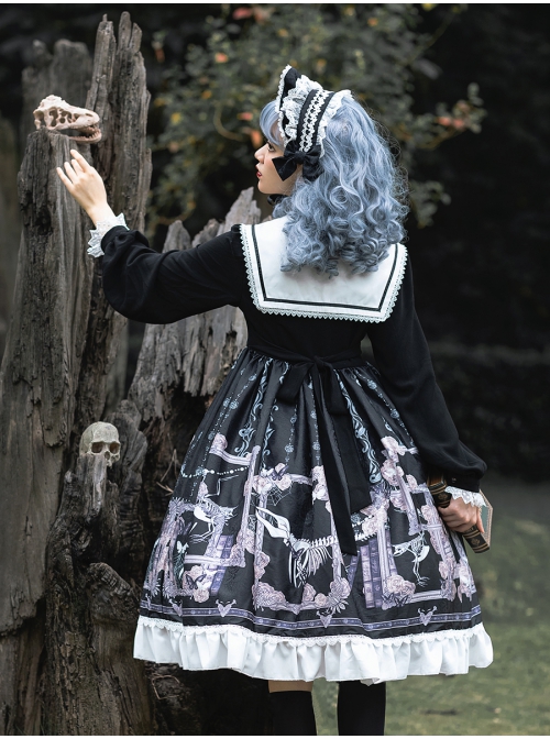 Lost Dreams Series OP Printing Retro Navy Collar Gothic Lolita Long Sleeve Dress