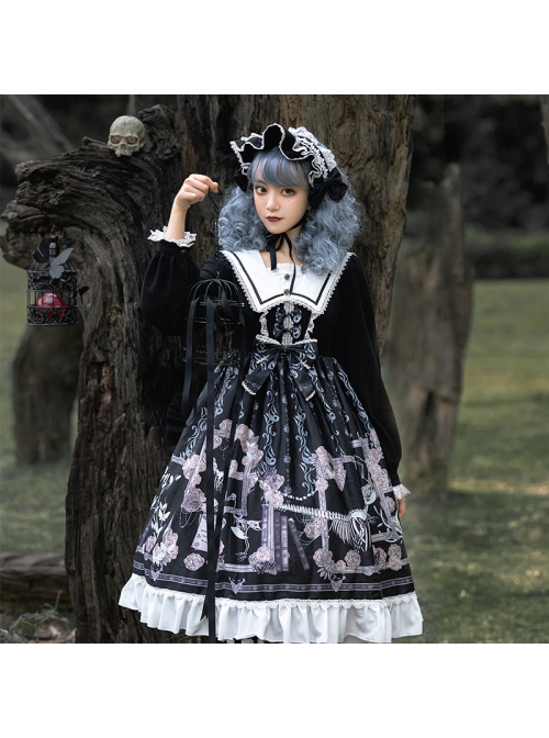 Lost Dreams Series OP Printing Retro Navy Collar Gothic Lolita Long Sleeve Dress