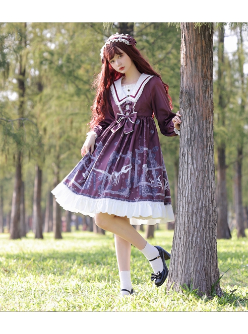 Lost Dreams Series OP Printing Retro Navy Collar Gothic Lolita Long Sleeve Dress