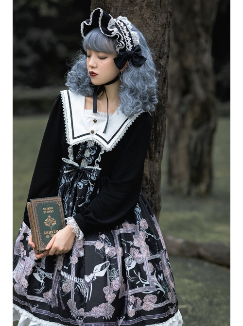 Lost Dreams Series OP Printing Retro Navy Collar Gothic Lolita Long Sleeve Dress