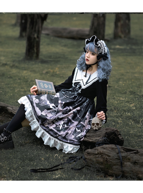 Lost Dreams Series OP Printing Retro Navy Collar Gothic Lolita Long Sleeve Dress