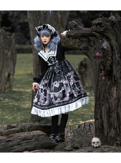 Lost Dreams Series OP Printing Retro Navy Collar Gothic Lolita Long Sleeve Dress