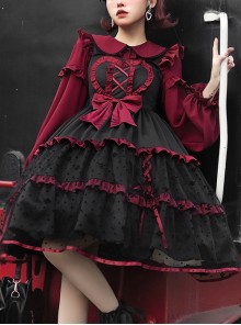 Silent Portrait Series JSK Red Bowknot Three-stage Hem Black Sweet Lolita Ruffle Sling Dress