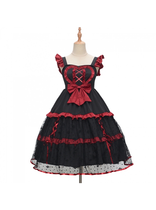 Silent Portrait Series JSK Red Bowknot Three-stage Hem Black Sweet Lolita Ruffle Sling Dress