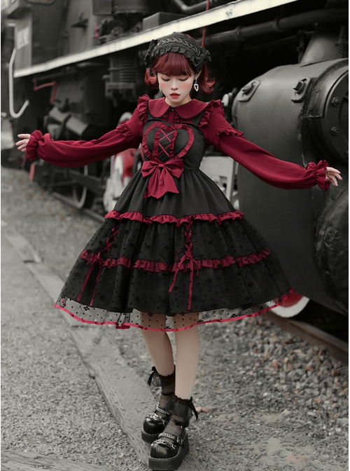 Silent Portrait Series JSK Red Bowknot Three-stage Hem Black Sweet Lolita Ruffle Sling Dress