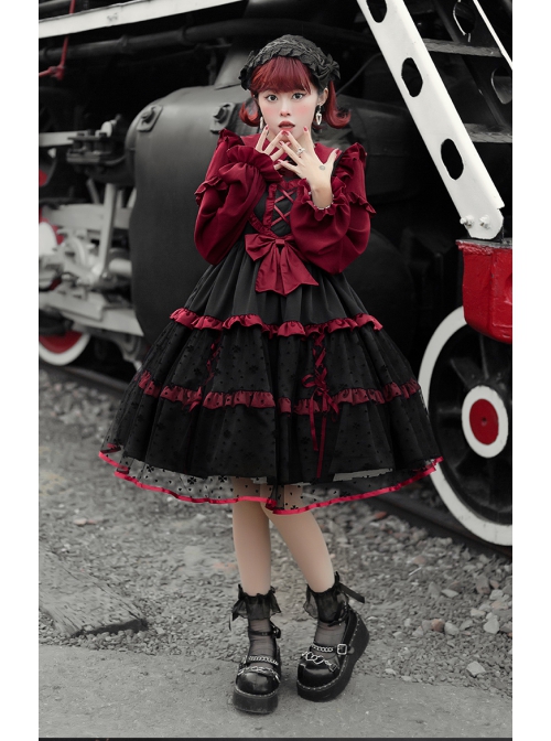 Silent Portrait Series JSK Red Bowknot Three-stage Hem Black Sweet Lolita Ruffle Sling Dress