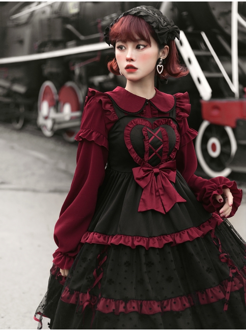 Silent Portrait Series JSK Red Bowknot Three-stage Hem Black Sweet Lolita Ruffle Sling Dress