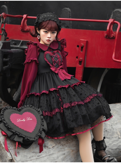 Silent Portrait Series JSK Red Bowknot Three-stage Hem Black Sweet Lolita Ruffle Sling Dress