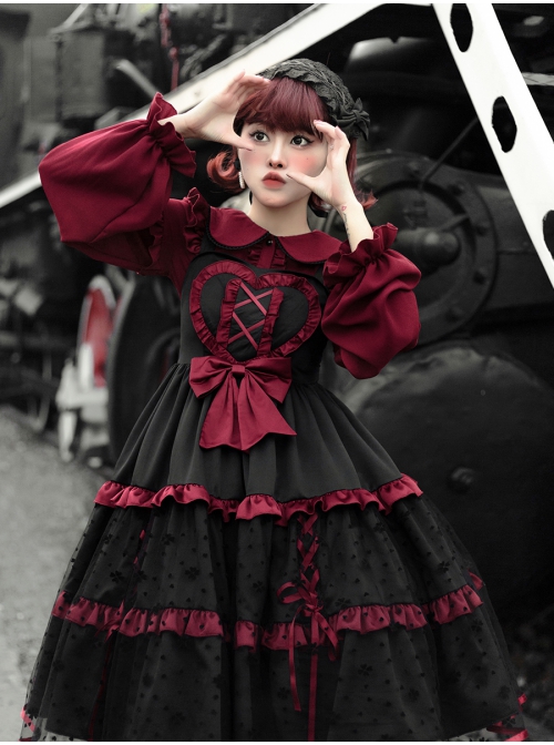 Silent Portrait Series JSK Red Bowknot Three-stage Hem Black Sweet Lolita Ruffle Sling Dress