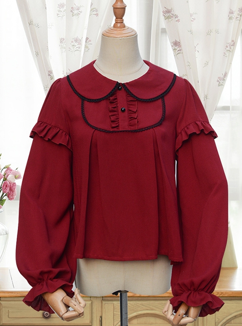 Silent Portrait Series Wine Red Doll Collar Sweet Lolita Ruffle Long Sleeve Shirt