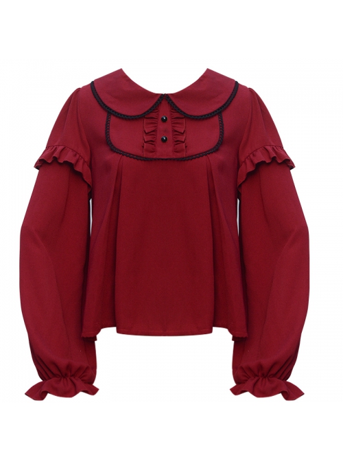 Silent Portrait Series Wine Red Doll Collar Sweet Lolita Ruffle Long Sleeve Shirt