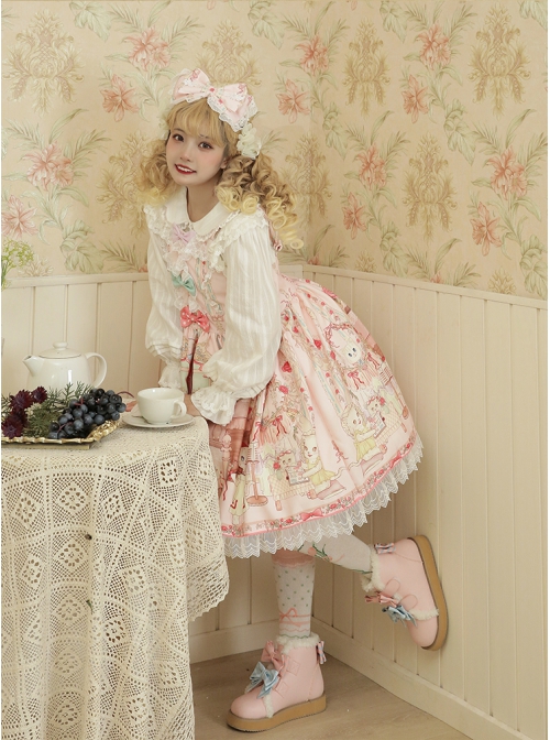 Cats Tea Party Series SK Bowknot Cute Printing Sweet Lolita Back Straps Skirt