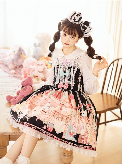 Cats Tea Party Series SK Bowknot Cute Printing Sweet Lolita Back Straps Skirt