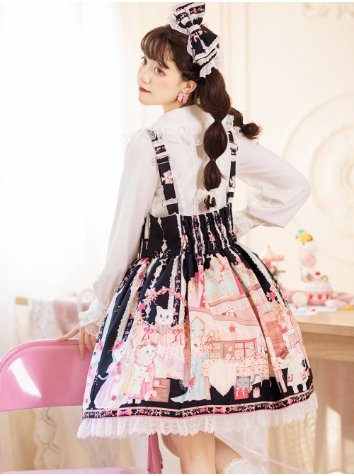 Cats Tea Party Series SK Bowknot Cute Printing Sweet Lolita Back Straps Skirt