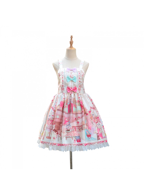 Cats Tea Party Series SK Bowknot Cute Printing Sweet Lolita Back Straps Skirt