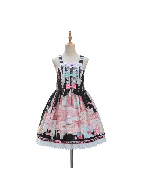 Cats Tea Party Series SK Bowknot Cute Printing Sweet Lolita Back Straps Skirt