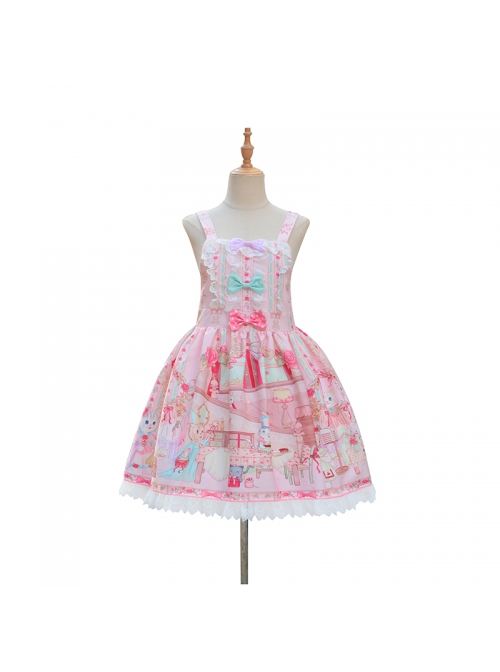 Cats Tea Party Series SK Bowknot Cute Printing Sweet Lolita Back Straps Skirt