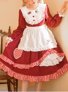 Strawberry Bear Series OP Embroidery Doll Collar Ruffle Hem Sweet Lolita Long Sleeve Dress