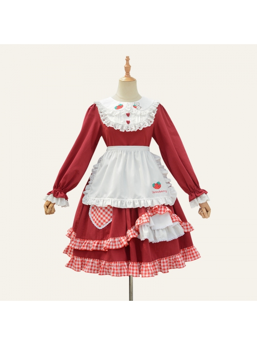 Strawberry Bear Series OP Embroidery Doll Collar Ruffle Hem Sweet Lolita Long Sleeve Dress