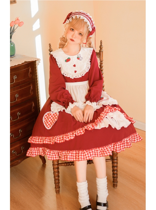 Strawberry Bear Series OP Embroidery Doll Collar Ruffle Hem Sweet Lolita Long Sleeve Dress