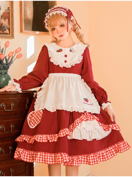 Strawberry Bear Series OP Embroidery Doll Collar Ruffle Hem Sweet Lolita Long Sleeve Dress