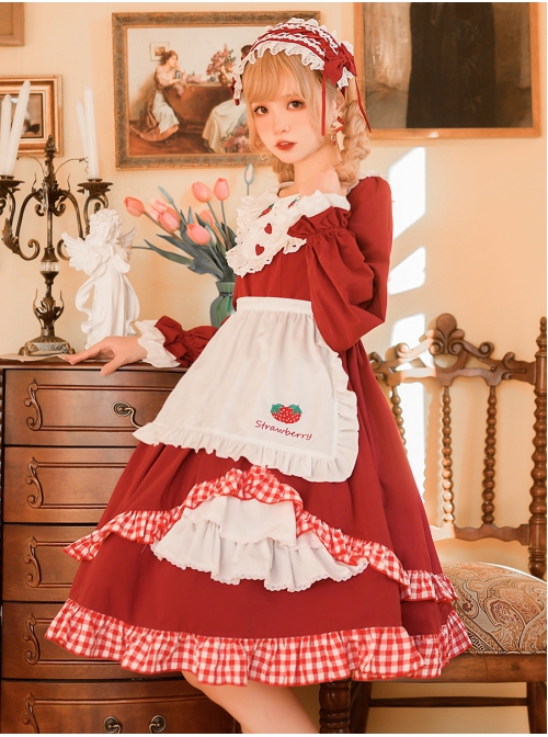 Strawberry Bear Series OP Embroidery Doll Collar Ruffle Hem Sweet Lolita Long Sleeve Dress