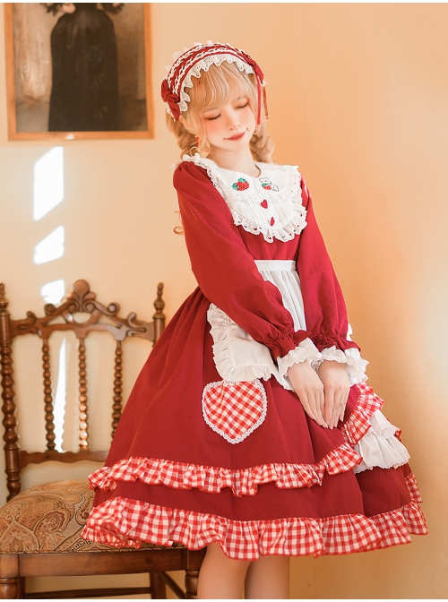 Strawberry Bear Series OP Embroidery Doll Collar Ruffle Hem Sweet Lolita Long Sleeve Dress