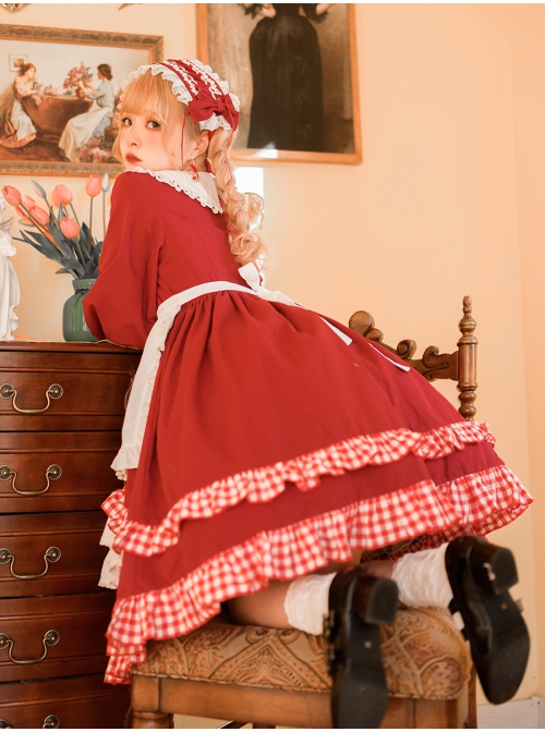 Strawberry Bear Series OP Embroidery Doll Collar Ruffle Hem Sweet Lolita Long Sleeve Dress