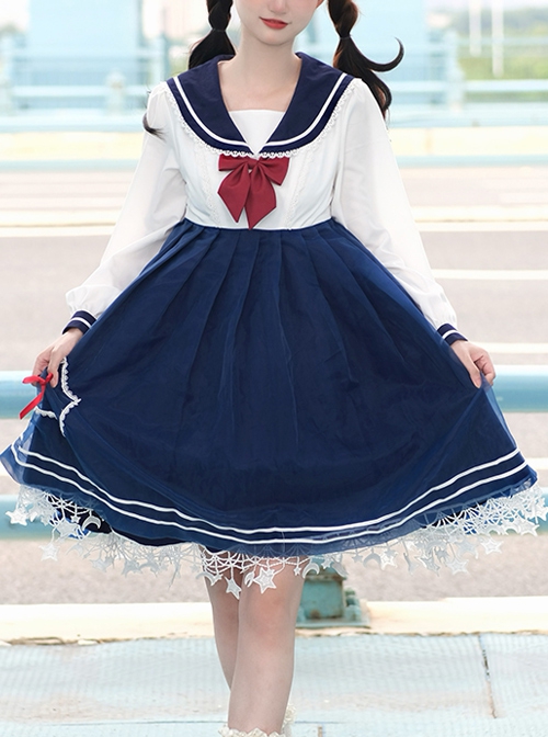 Starlet Island Series OP Navy Collar Star Lace Hem Sweet Lolita Long Sleeve Dress