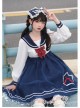 Starlet Island Series OP Navy Collar Star Lace Hem Sweet Lolita Long Sleeve Dress