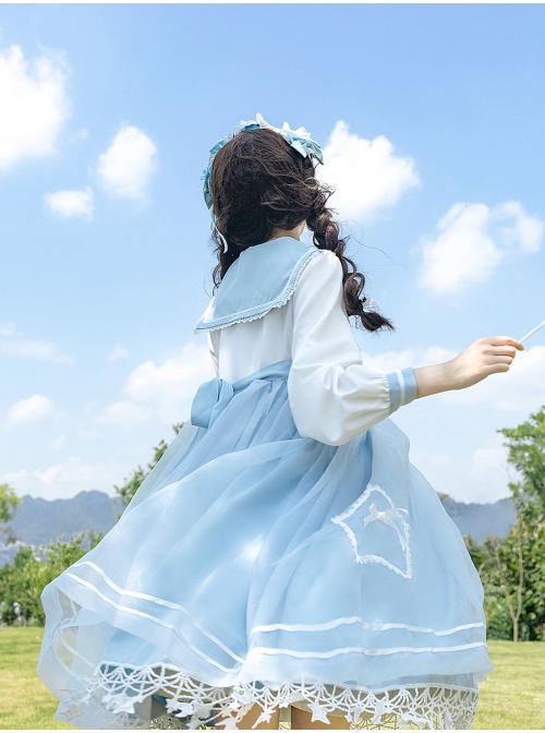 Starlet Island Series OP Navy Collar Star Lace Hem Sweet Lolita Long Sleeve Dress
