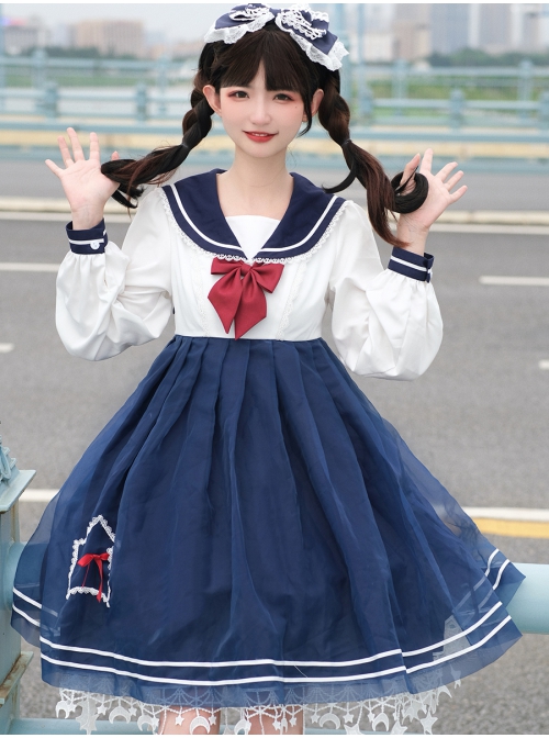 Starlet Island Series OP Navy Collar Star Lace Hem Sweet Lolita Long Sleeve Dress