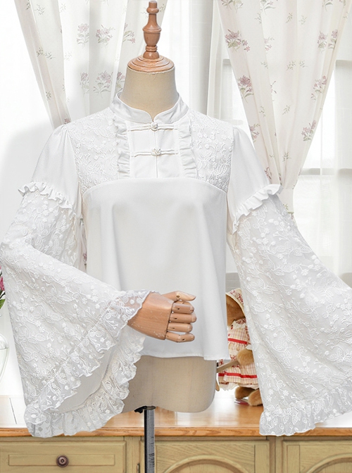 Flowery Dreams Series Chinese Style Full Lace Big Cuff Classic Lolita White Long Sleeve Shirt